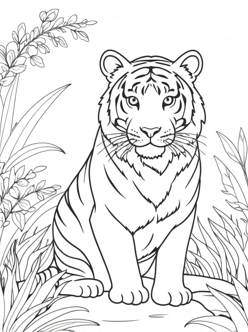 Coloriage Tigre Plantes