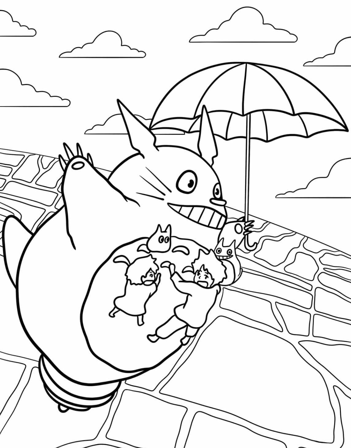 Coloriage Totoro En Vol Avec Parapluie