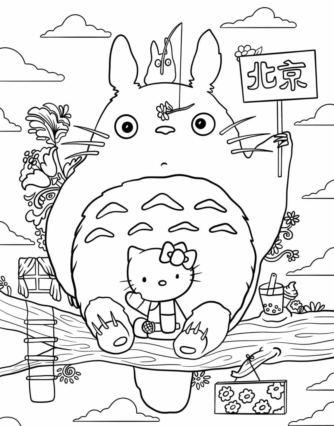 Coloriage Totoro Et Hello Kitty