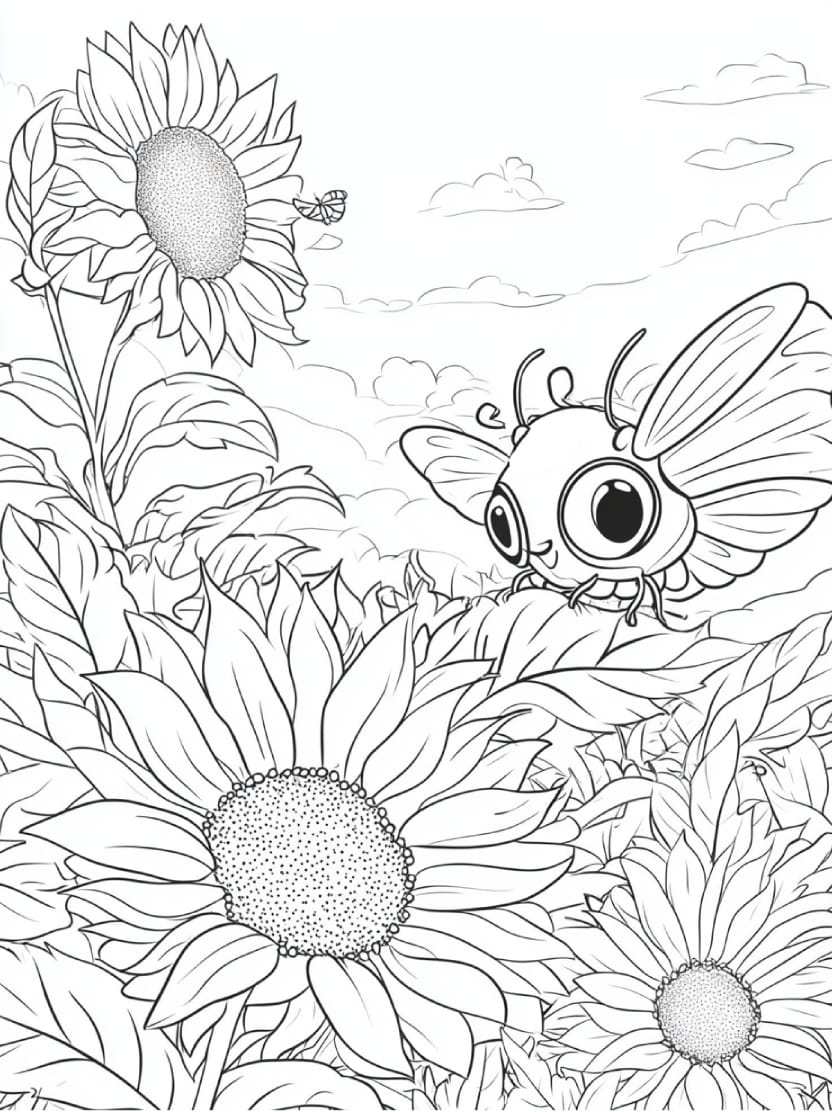 Coloriage Tournesol Et Insectes