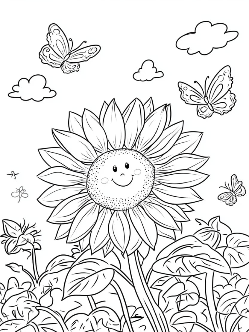 Coloriage Tournesol Et Nuages