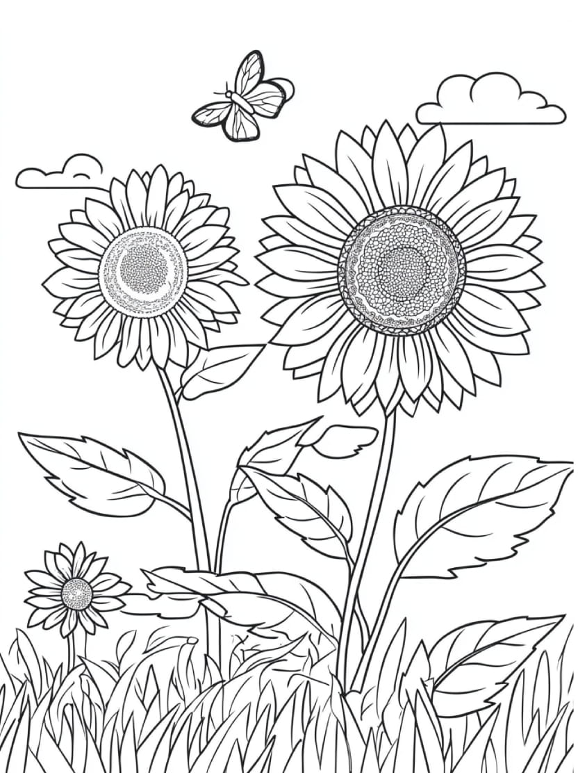 Coloriage Tournesol Et Papillon