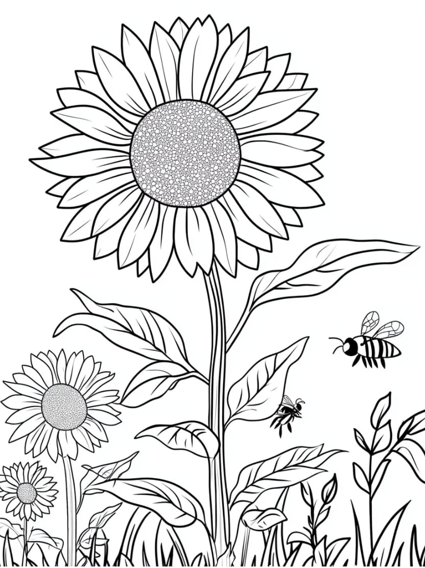 Coloriage Tournesol Sur Champ De Fleurs