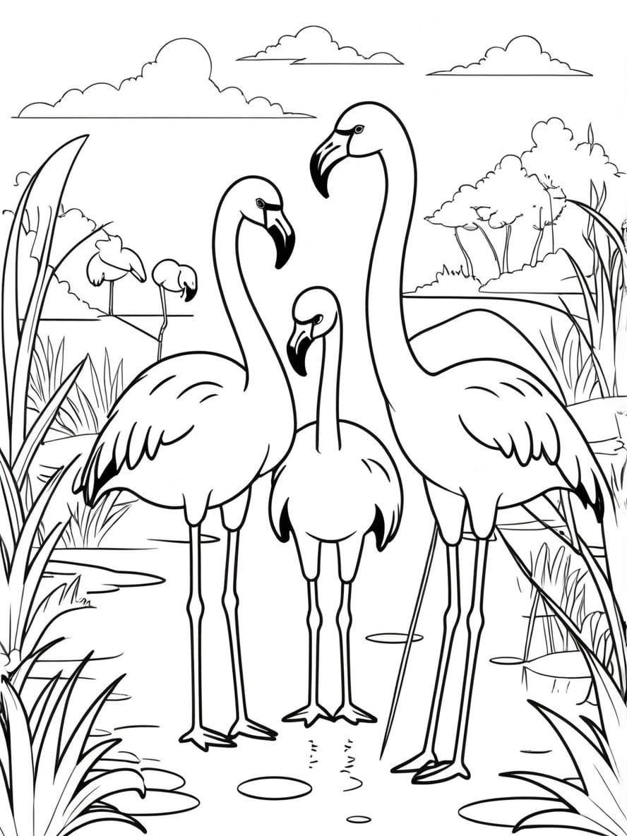 Coloriage Trois Flamants Roses Au Bord De L Eau