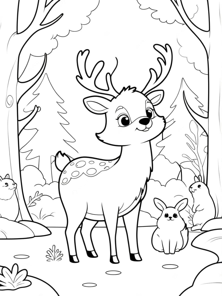 Coloriage Un Cerf Avec Des Animaux De La Foret Comme Des Lapins Chbi