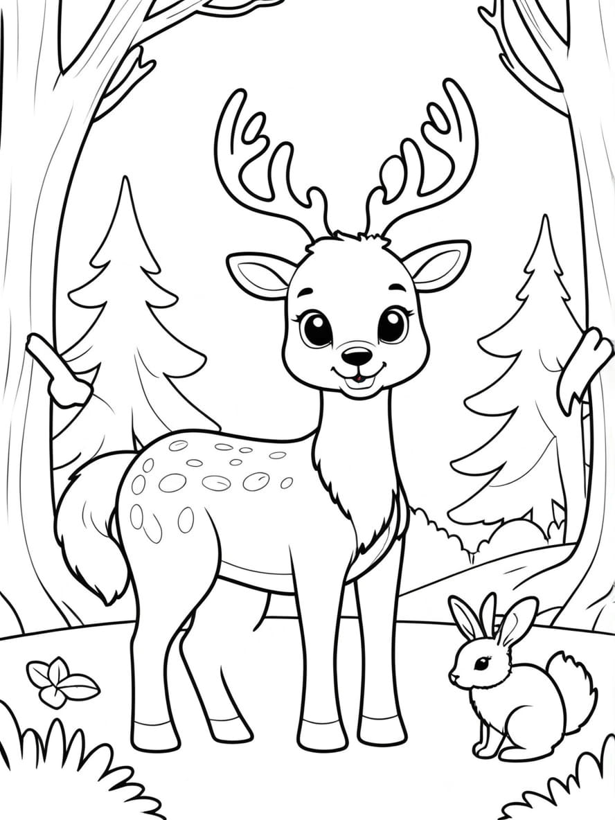 Coloriage Un Cerf Avec Des Animaux De La Foret Comme Des Lapins