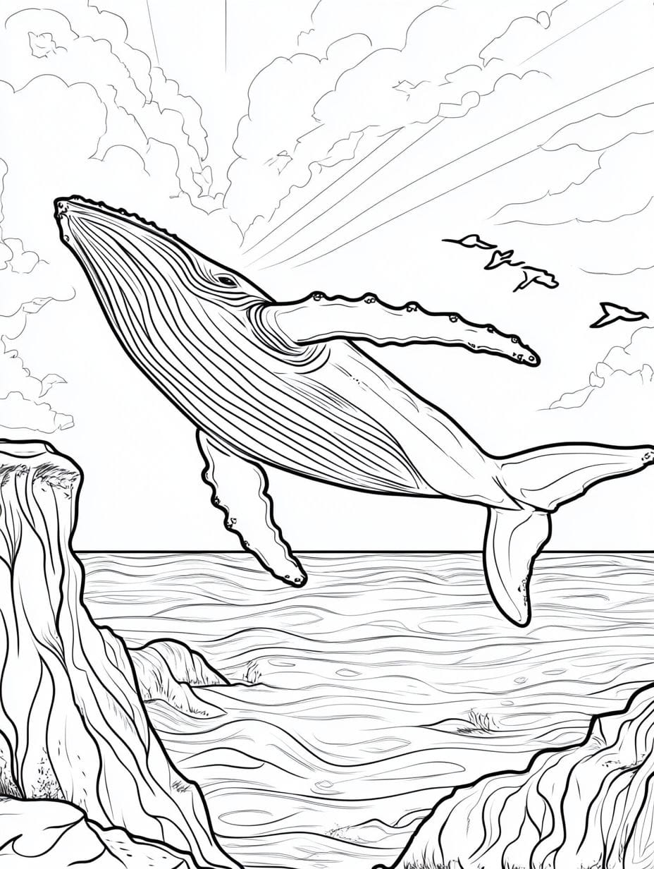 Coloriage Une Baleine A Bosse S Echouant Pres D Une Falaise