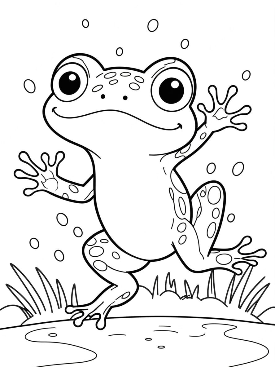 Coloriage Une Grenouille Sautant Sous La Pluie