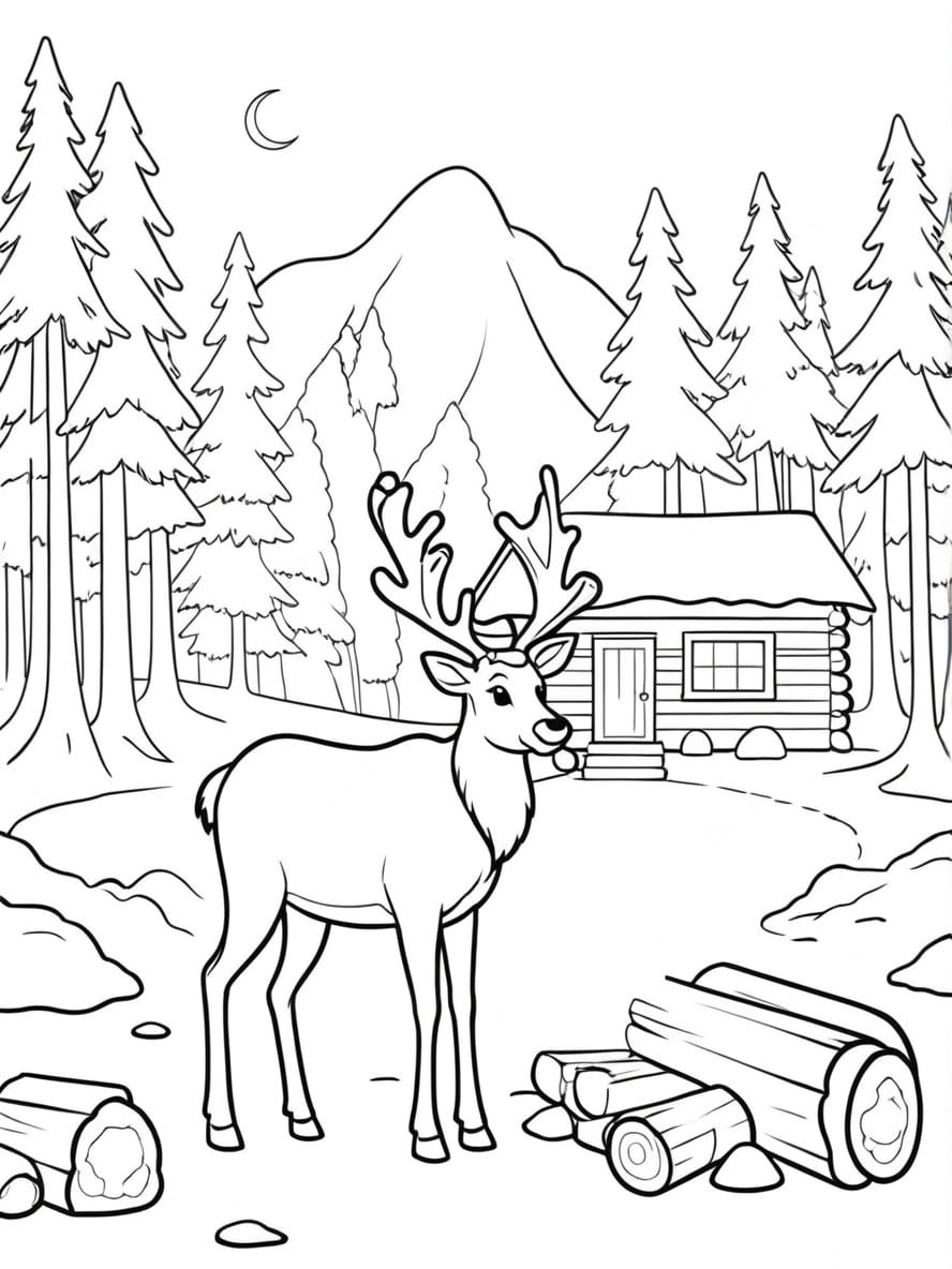 Coloriage Une Scene Chaleureuse D Un Cerf Pres D Une Cabane En Rondins