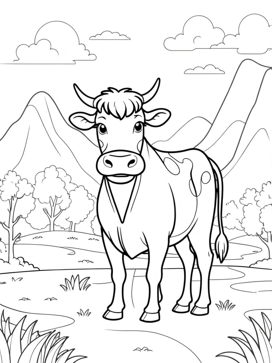 Coloriage Vache Coloree Dans Un Paysage Fantastique