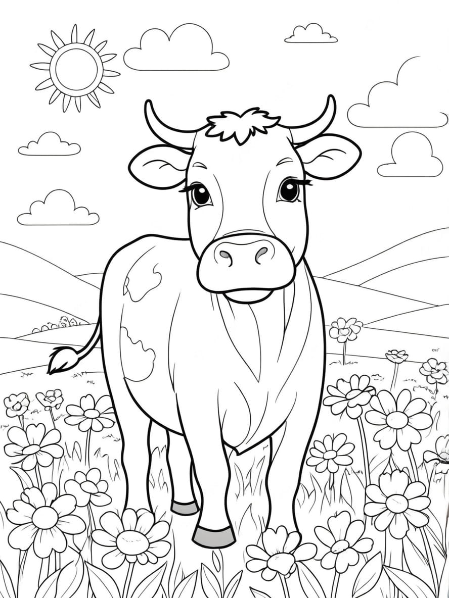 Coloriage Vache Dans Un Champ De Fleurs