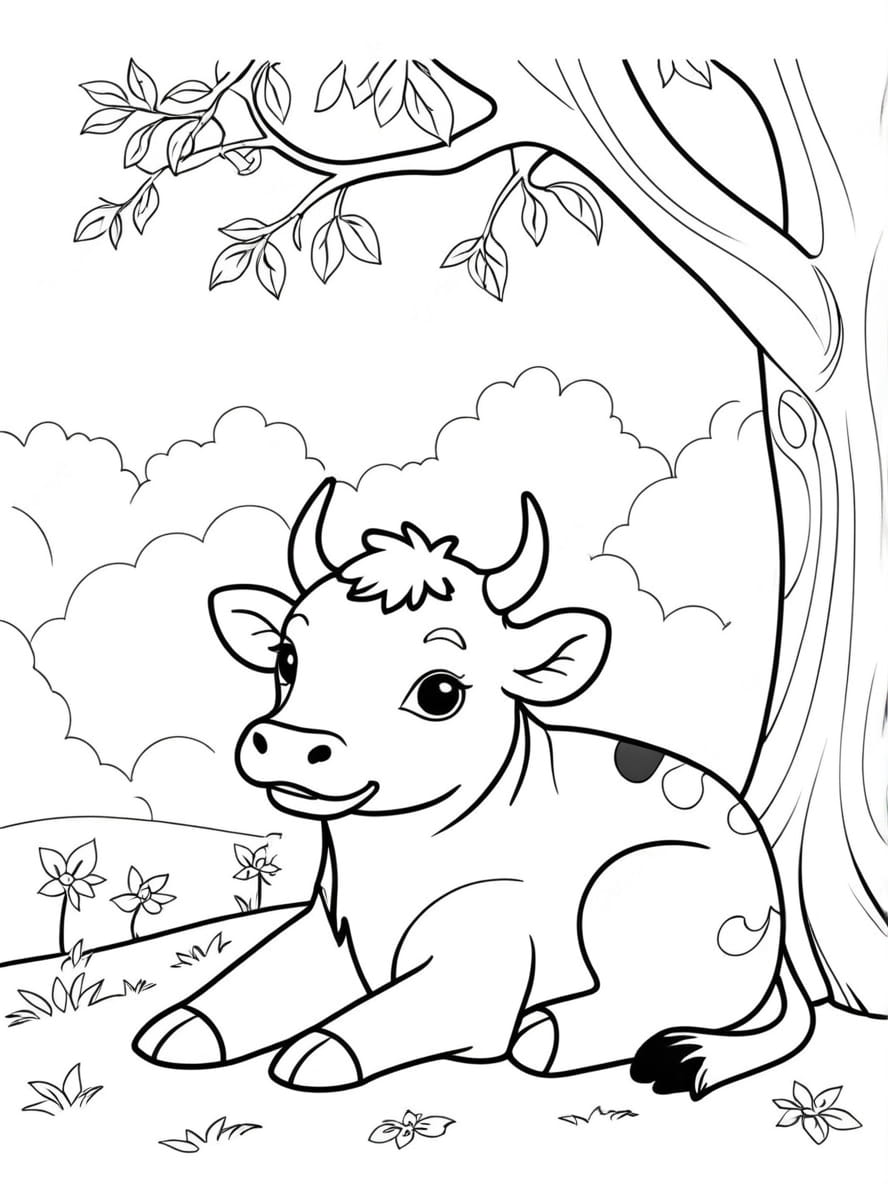 Coloriage Vache Se Reposant Sous Un Arbre Chibi