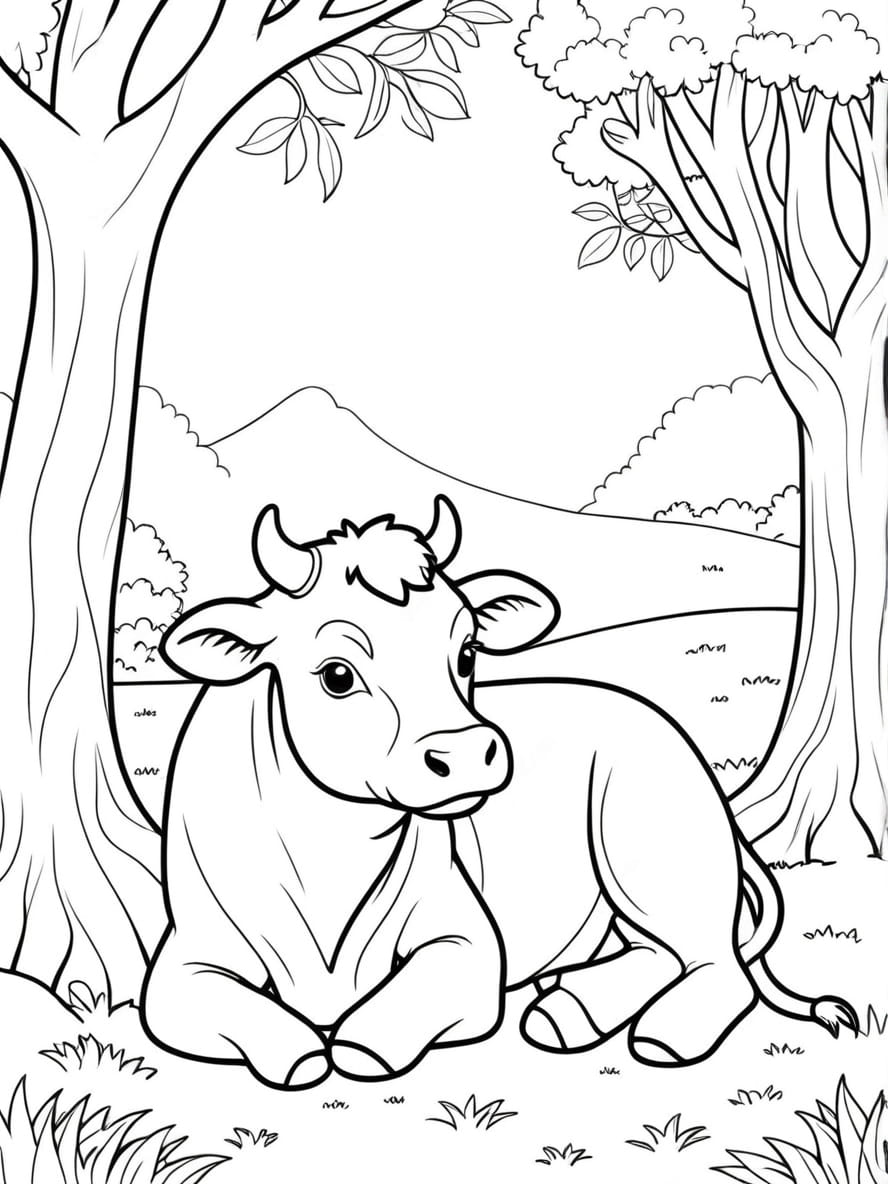 Coloriage Vache Se Reposant Sous Un Arbre