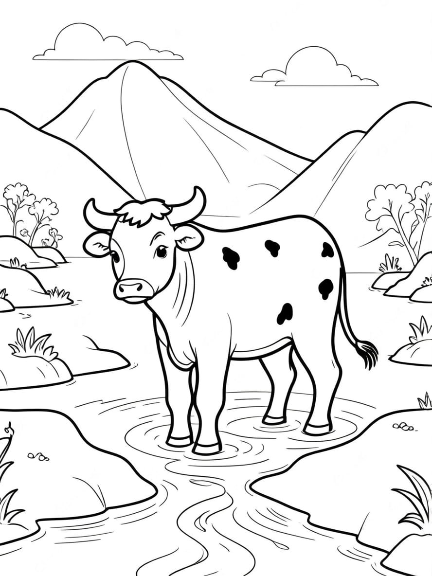 Coloriage Vache Traversant Une Riviere