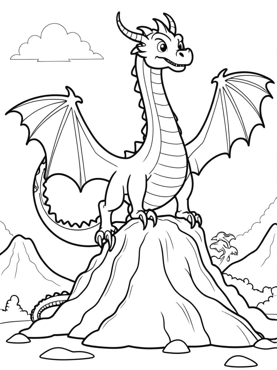 Coloriage Volcan Avec Un Dragon