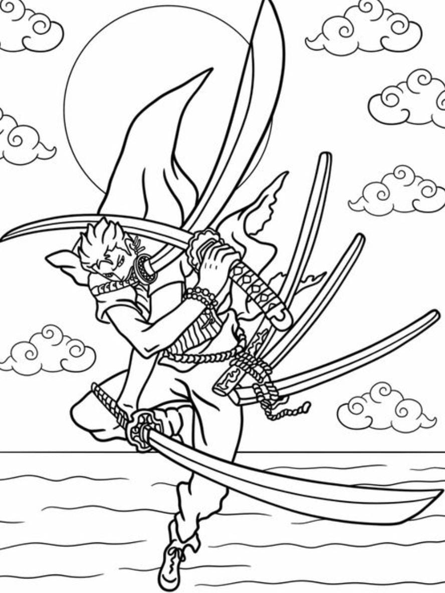 Coloriage Zoro Tenant Une Epee A La Surface De La Mer