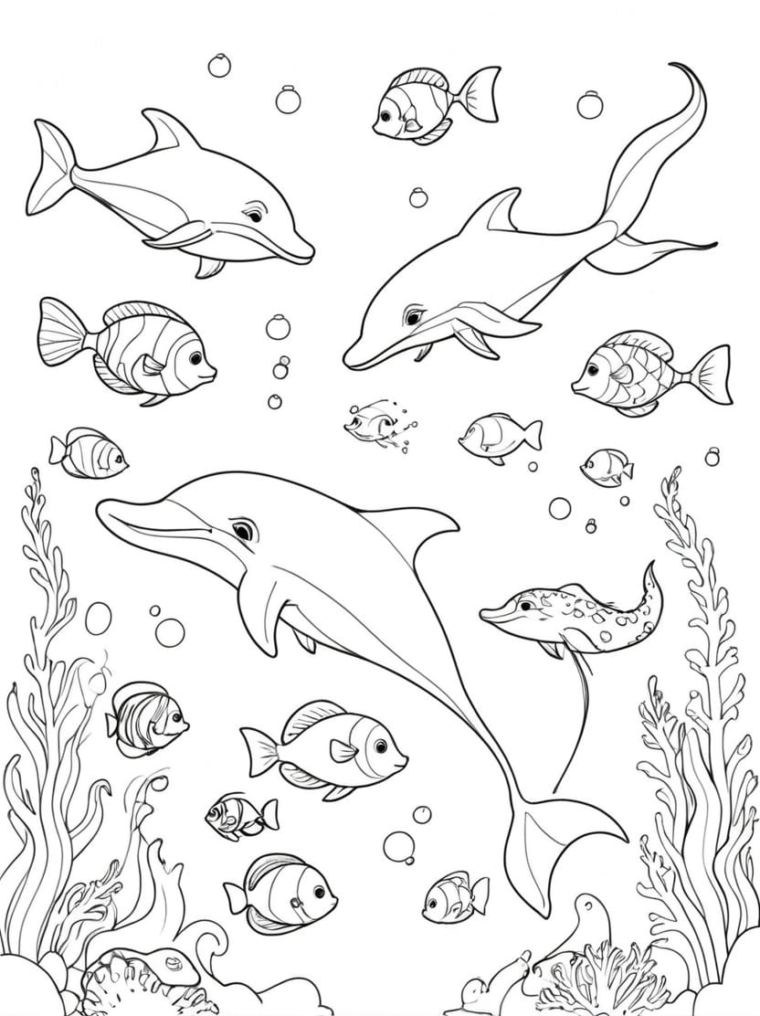 Coloriagedauphin Avec Des Petits Animaux Marins