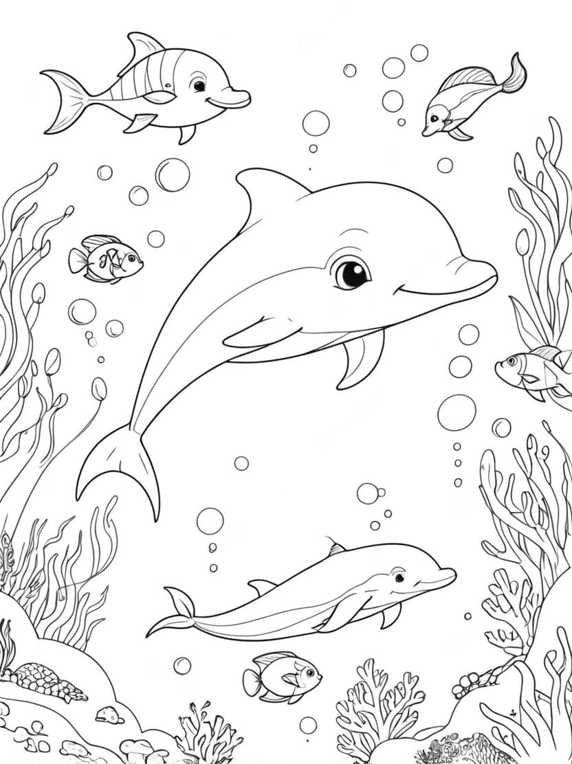 Coloriagedauphin Avec Un Banc De Petits Poissons