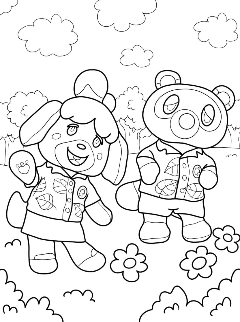 Coloriage Animal Crossing Et Amis Avec Nuages