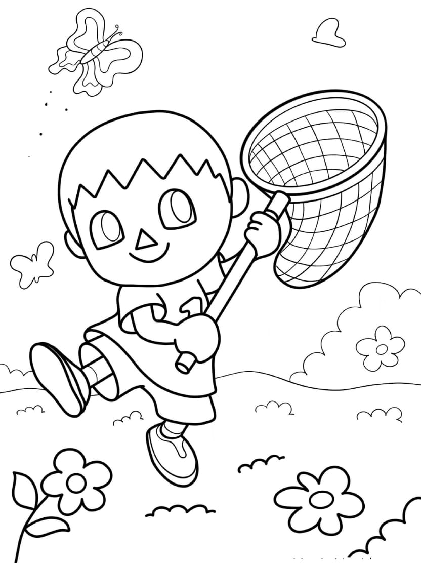 Coloriage Animal Crossing Petit Garcon Attrapant Papillons