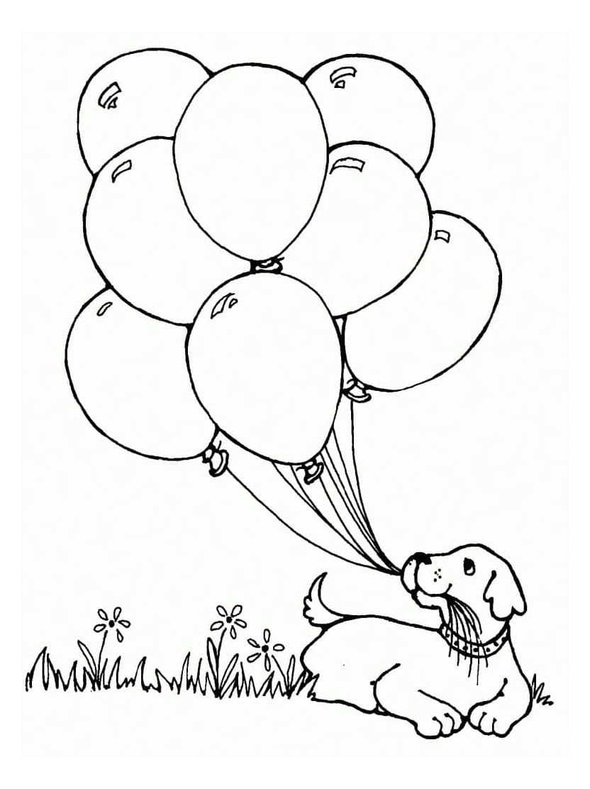 Coloriage Ballon Et Chien Sur Herbe