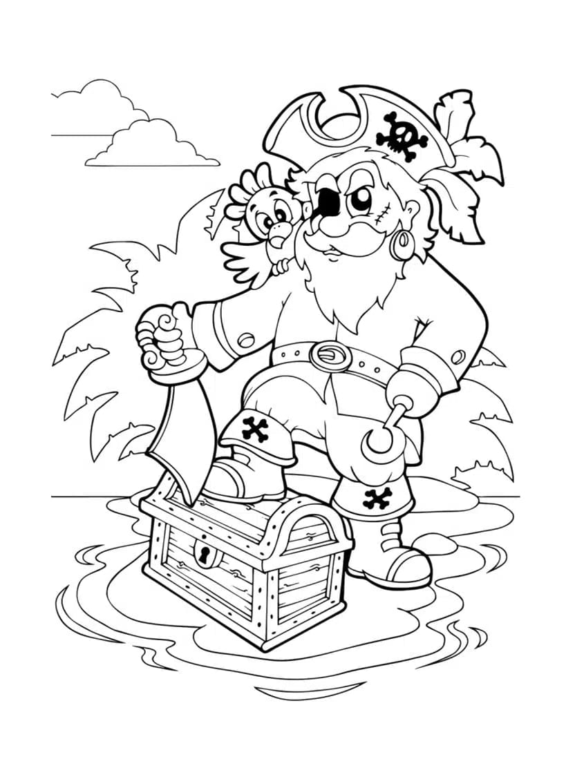 Coloriage Pirate Sur La Mer Avec Un Coffre