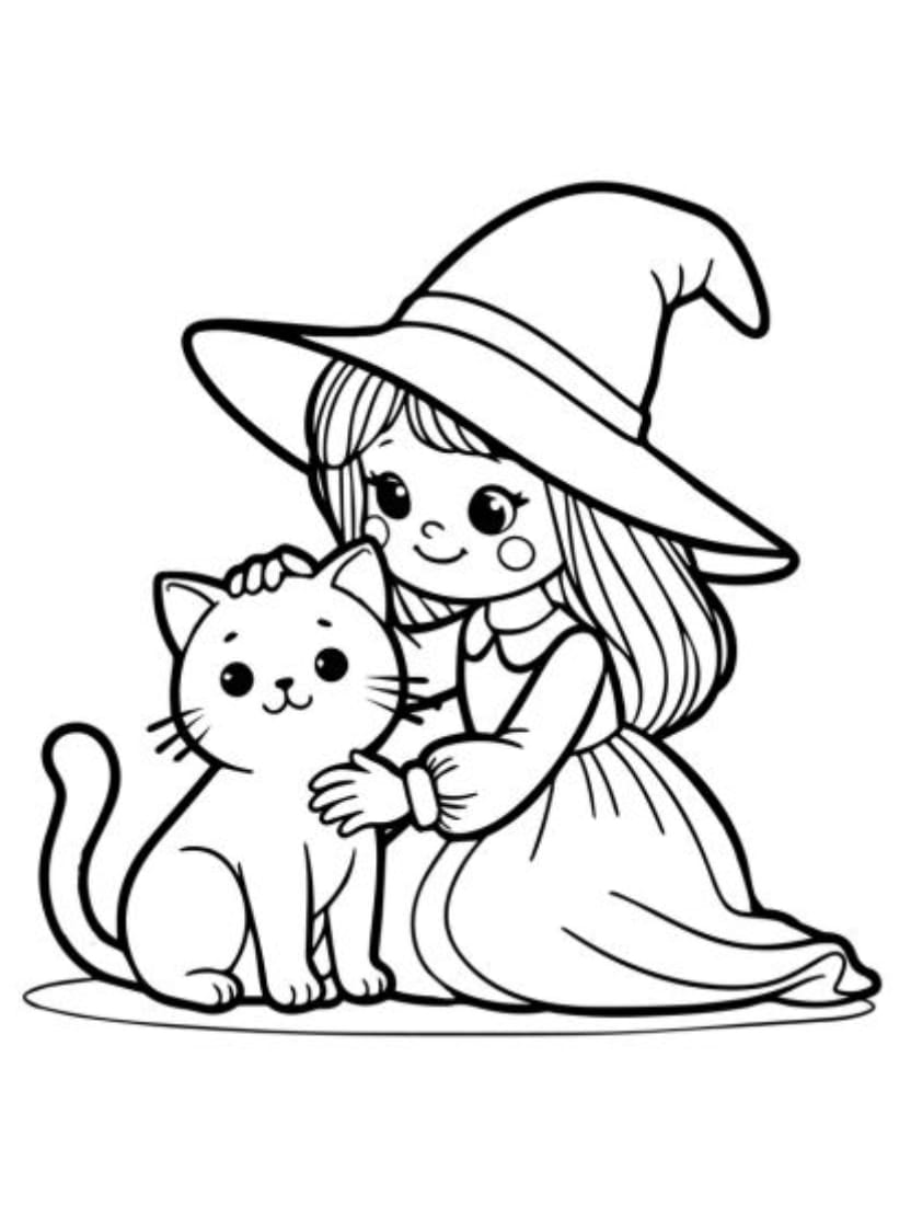 Coloriage Sorciere Tenant Un Chat