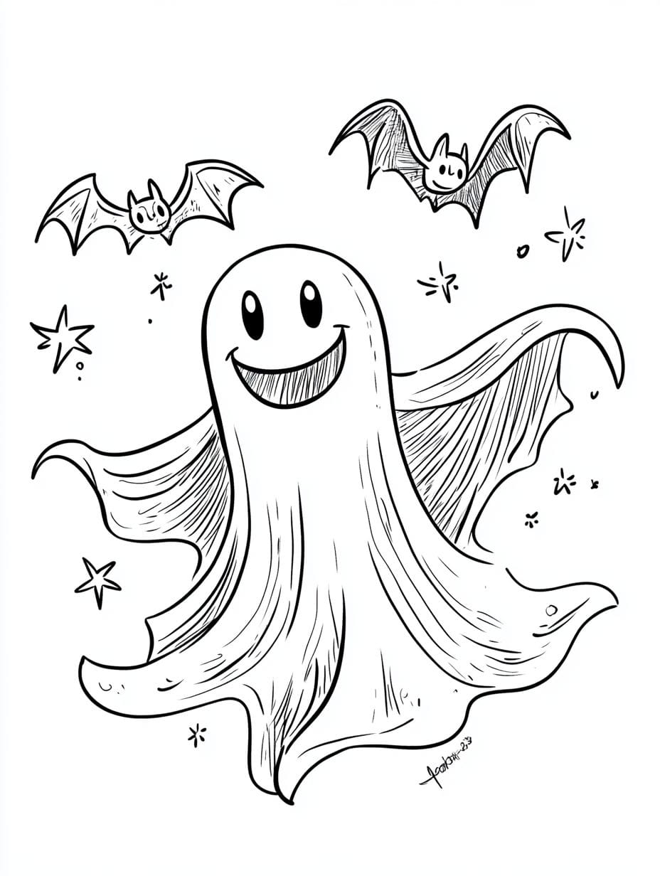 Coloriage Un Fantome Flottant Sous Un Ciel Etoile Souriant Avec