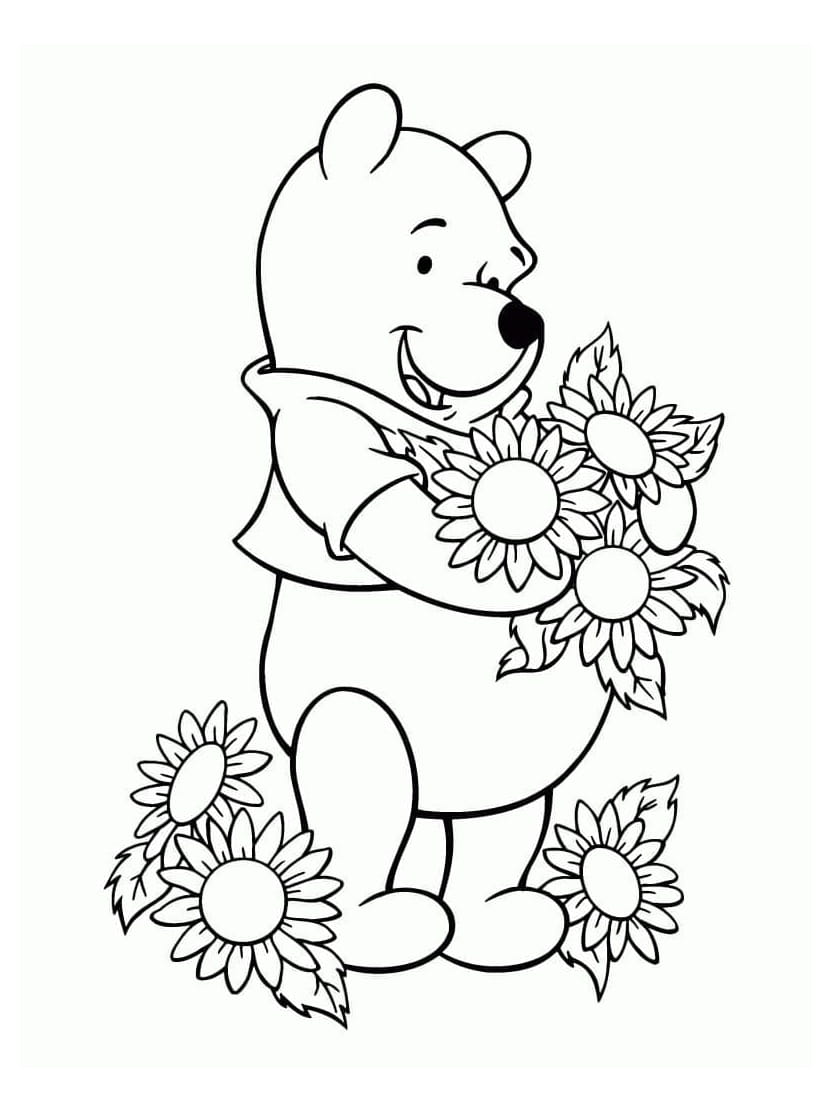 Coloriage Winnie L Ourson Choisissant Fleurs