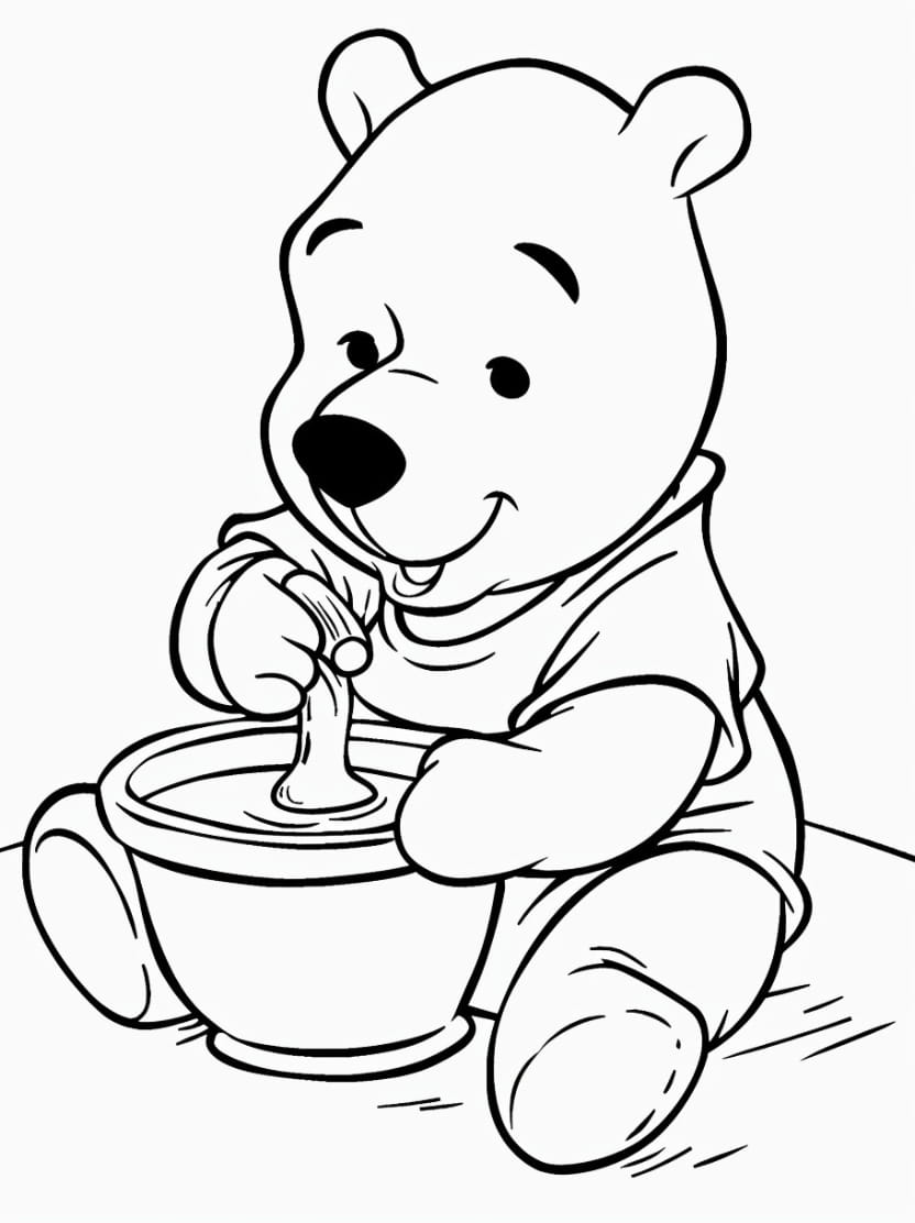 Coloriage Winnie L Ourson Mangeant Miel