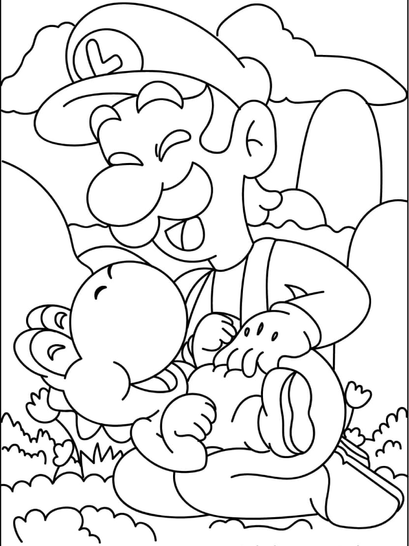 Coloriage Yoshi Heureux Avec Lugi